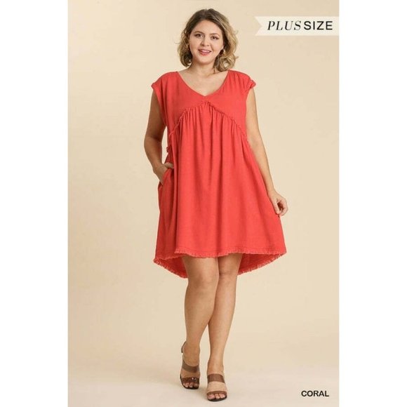 Umgee Plus Size Milk Tea V-Neck Short Folded Sleeve Ruffle Trimmed Pocket Dress - Picture 9 of 12